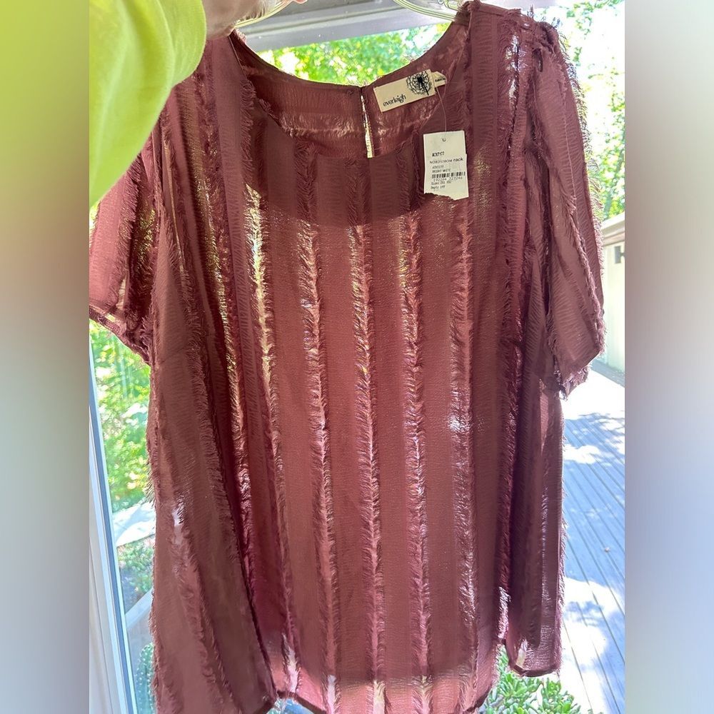 Everleigh women’s pink fringe shadow stripe short sleeve pullover blouse new 1X